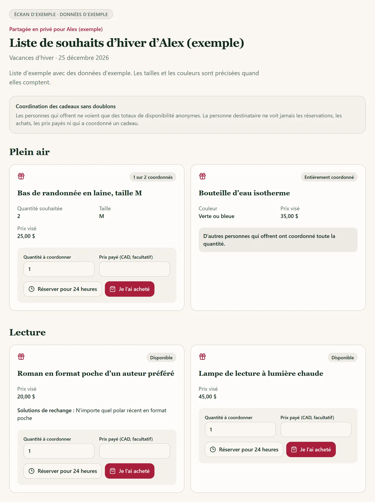 Écran d’exemple avec des données d’exemple : la vue partagée en privé de la liste de souhaits d’hiver d’Alex (exemple), où chaque article affiche seulement une disponibilité anonyme : 1 sur 2 coordonnés pour les bas de randonnée, entièrement coordonné pour la bouteille d’eau et disponible pour le roman et la lampe de lecture, avec les boutons Réserver pour 24 heures et Je l’ai acheté.
