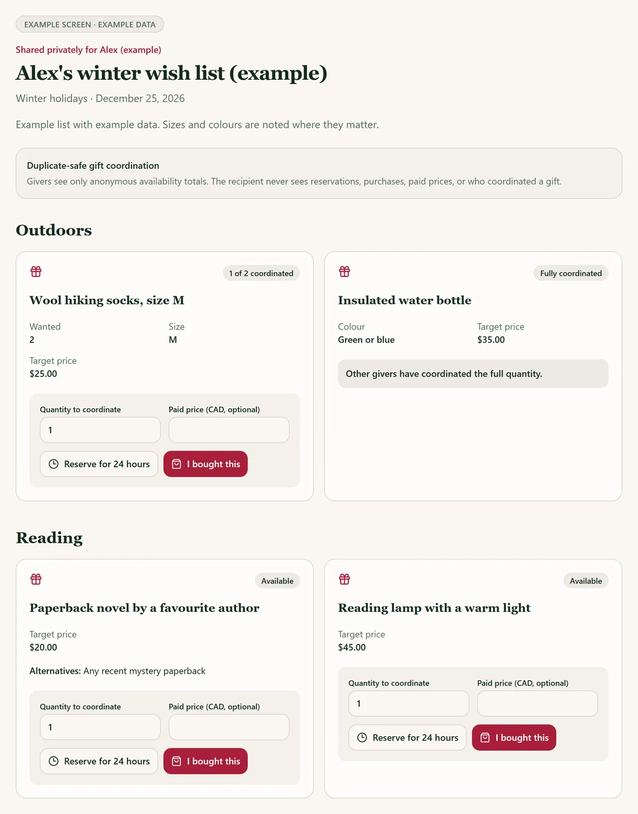 Example screen with example data: the shared giver view of an example winter wish list, where each item shows anonymous availability such as 1 of 2 coordinated or fully coordinated, with buttons to reserve for 24 hours or mark as bought.